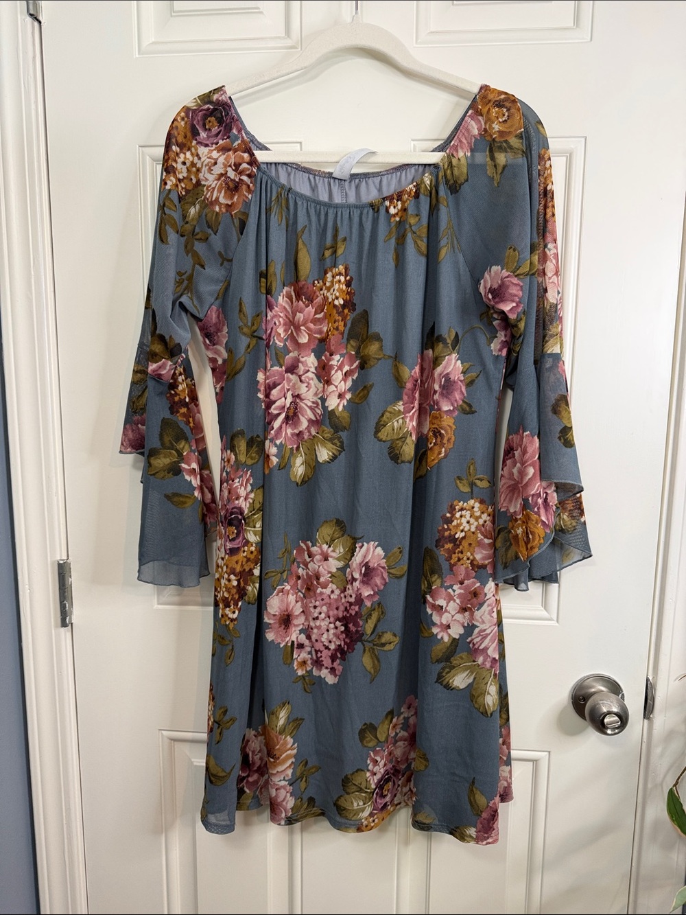 Floral Off-Shoulder Midi Dress in Slate Blue with Pink Blooms